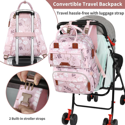 Diaper Bag Backpack, Baby Girl Diaper Bag for Mom, Large Pink Floral Diaper Bag Backpack for Girls, Waterproof Mom Backpack for Work Travel Holiday with Insulated Pockets and Stroller Straps