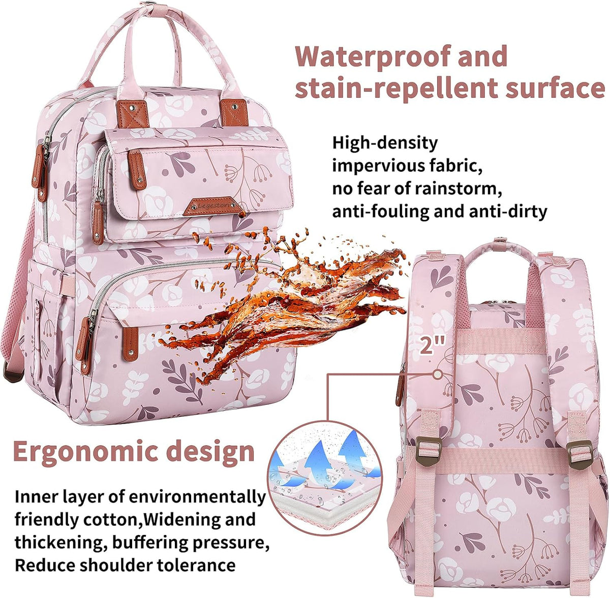 Diaper Bag Backpack, Baby Girl Diaper Bag for Mom, Large Pink Floral Diaper Bag Backpack for Girls, Waterproof Mom Backpack for Work Travel Holiday with Insulated Pockets and Stroller Straps