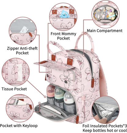 Diaper Bag Backpack, Baby Girl Diaper Bag for Mom, Large Pink Floral Diaper Bag Backpack for Girls, Waterproof Mom Backpack for Work Travel Holiday with Insulated Pockets and Stroller Straps