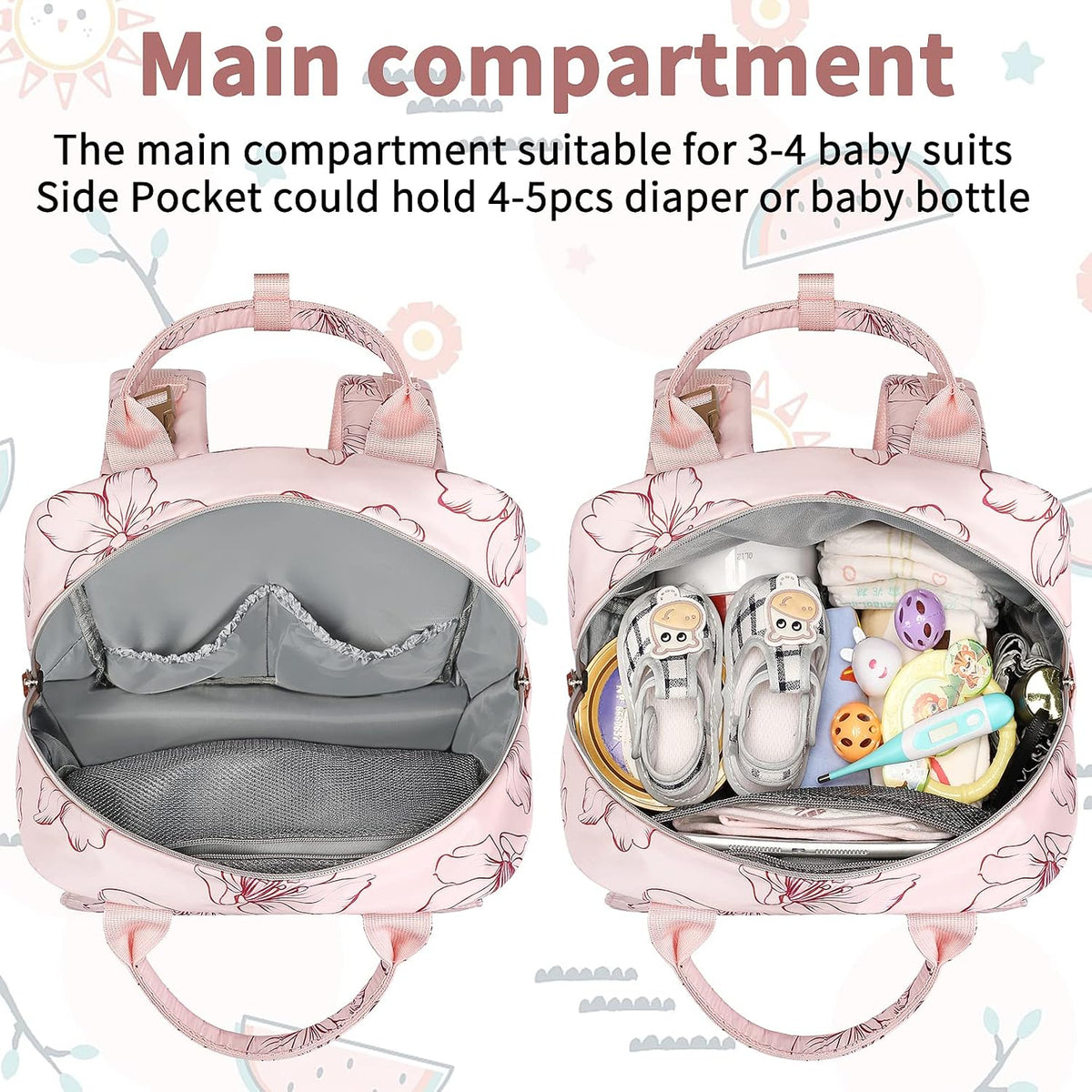 Diaper Bag Backpack, Baby Girl Diaper Bag for Mom, Large Pink Floral Diaper Bag Backpack for Girls, Waterproof Mom Backpack for Work Travel Holiday with Insulated Pockets and Stroller Straps