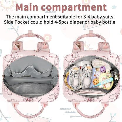 Diaper Bag Backpack, Baby Girl Diaper Bag for Mom, Large Pink Floral Diaper Bag Backpack for Girls, Waterproof Mom Backpack for Work Travel Holiday with Insulated Pockets and Stroller Straps