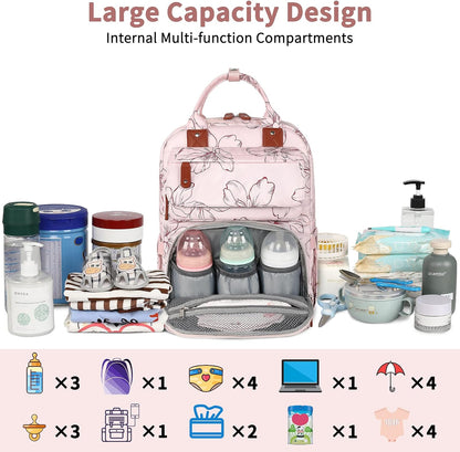 Diaper Bag Backpack, Baby Girl Diaper Bag for Mom, Large Pink Floral Diaper Bag Backpack for Girls, Waterproof Mom Backpack for Work Travel Holiday with Insulated Pockets and Stroller Straps
