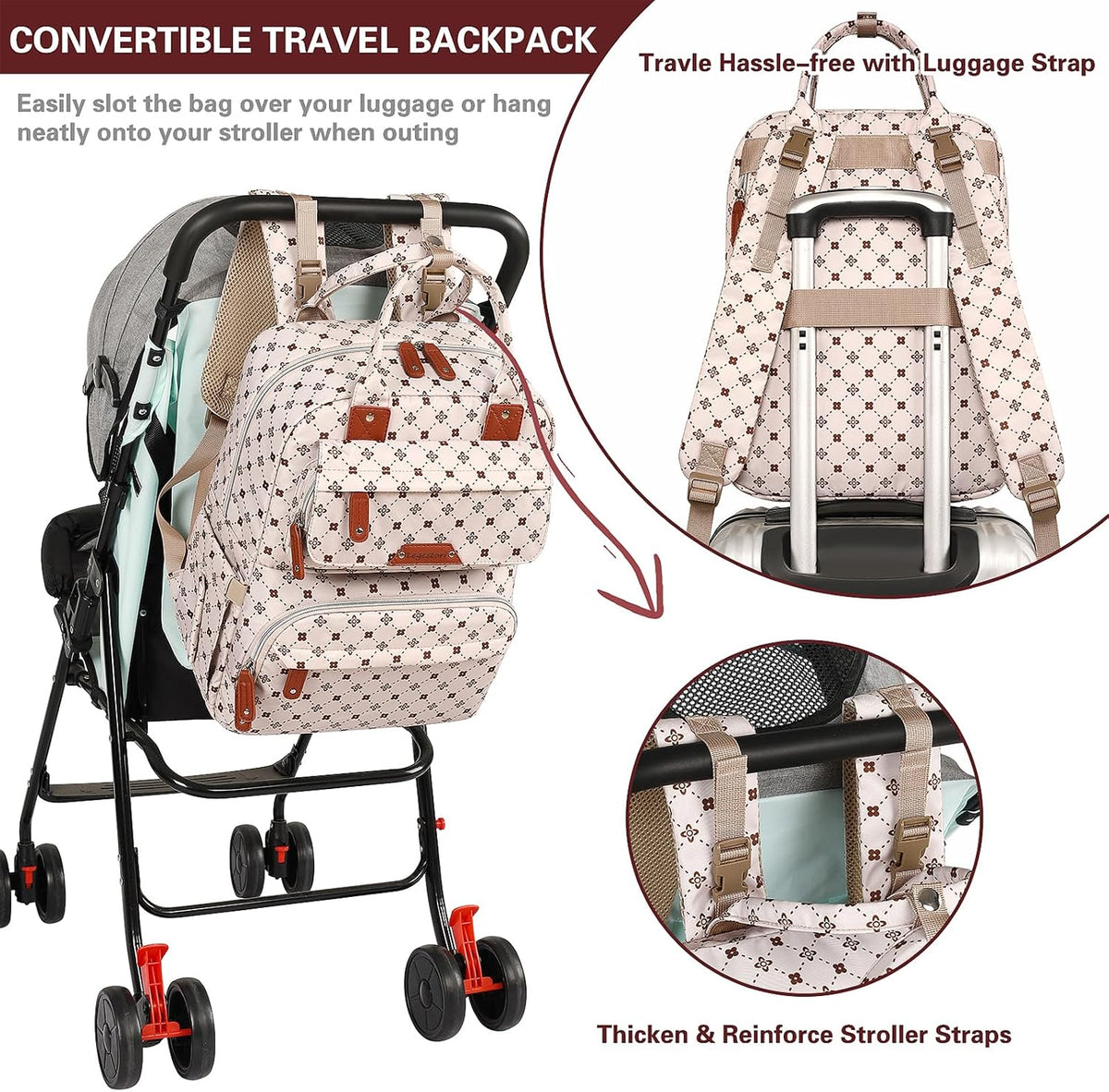 Diaper Bag Backpack, Baby Girl Diaper Bag for Mom, Large Pink Floral Diaper Bag Backpack for Girls, Waterproof Mom Backpack for Work Travel Holiday with Insulated Pockets and Stroller Straps