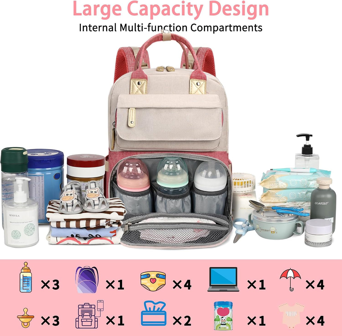 Diaper Bag Backpack, Baby Girl Diaper Bag for Mom, Large Pink Floral Diaper Bag Backpack for Girls, Waterproof Mom Backpack for Work Travel Holiday with Insulated Pockets and Stroller Straps