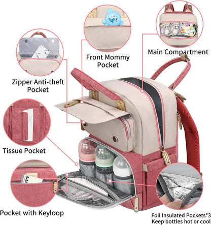 Diaper Bag Backpack, Baby Girl Diaper Bag for Mom, Large Pink Floral Diaper Bag Backpack for Girls, Waterproof Mom Backpack for Work Travel Holiday with Insulated Pockets and Stroller Straps