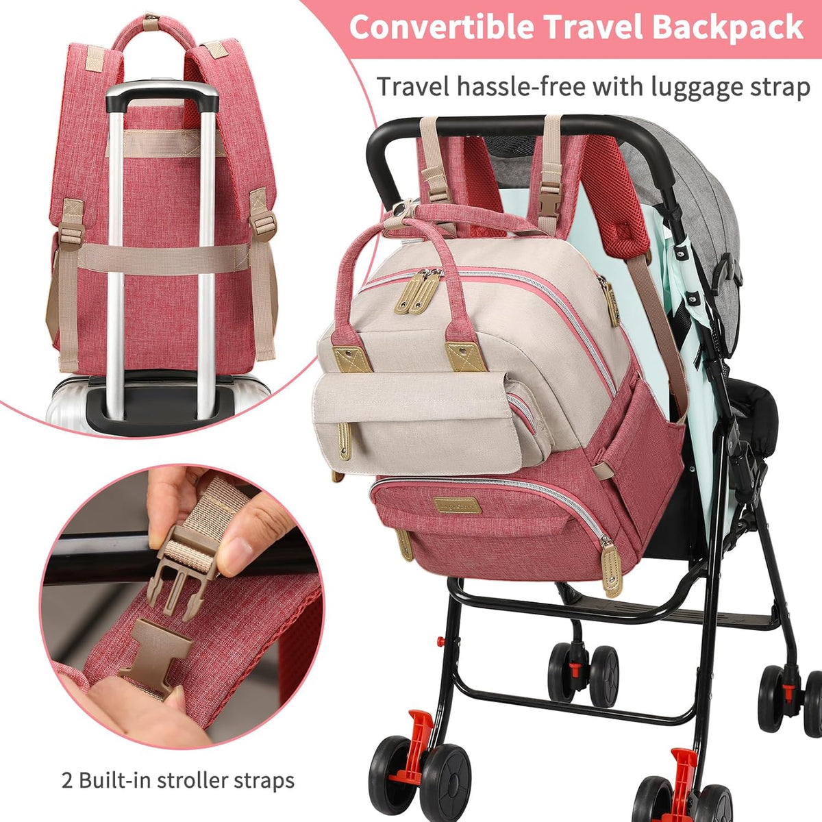 Diaper Bag Backpack, Baby Girl Diaper Bag for Mom, Large Pink Floral Diaper Bag Backpack for Girls, Waterproof Mom Backpack for Work Travel Holiday with Insulated Pockets and Stroller Straps
