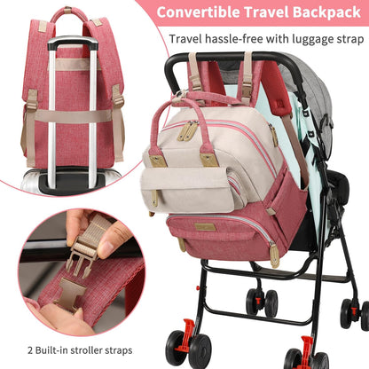 Diaper Bag Backpack, Baby Girl Diaper Bag for Mom, Large Pink Floral Diaper Bag Backpack for Girls, Waterproof Mom Backpack for Work Travel Holiday with Insulated Pockets and Stroller Straps