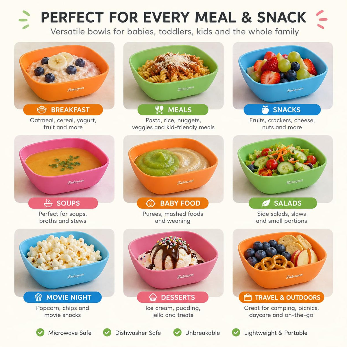 Bakerpan Silicone Bowls for Babies & Toddlers - BPA Free Unbreakable Feeding, Snack & Travel Bowls - Microwave & Dishwasher Safe - Set of 4