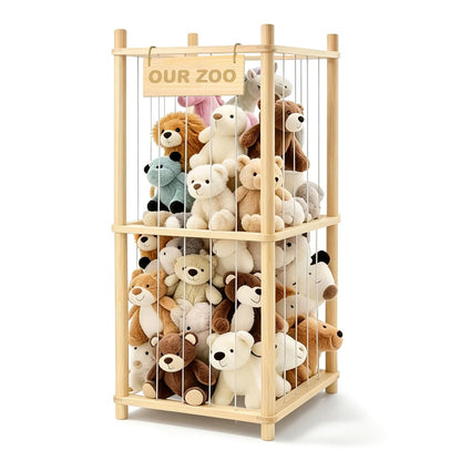 Large Stuffed Animal Storage, Wood Stuffed Animal Zoo with Brake Wheels and Hanging Storage Net, Space Save Toy Organizer, Large Capacity Stuffed Animal Holder, Perfect for Nursery Playroom Kidroom