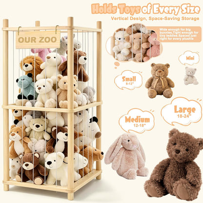 Large Stuffed Animal Storage, Wood Stuffed Animal Zoo with Brake Wheels and Hanging Storage Net, Space Save Toy Organizer, Large Capacity Stuffed Animal Holder, Perfect for Nursery Playroom Kidroom