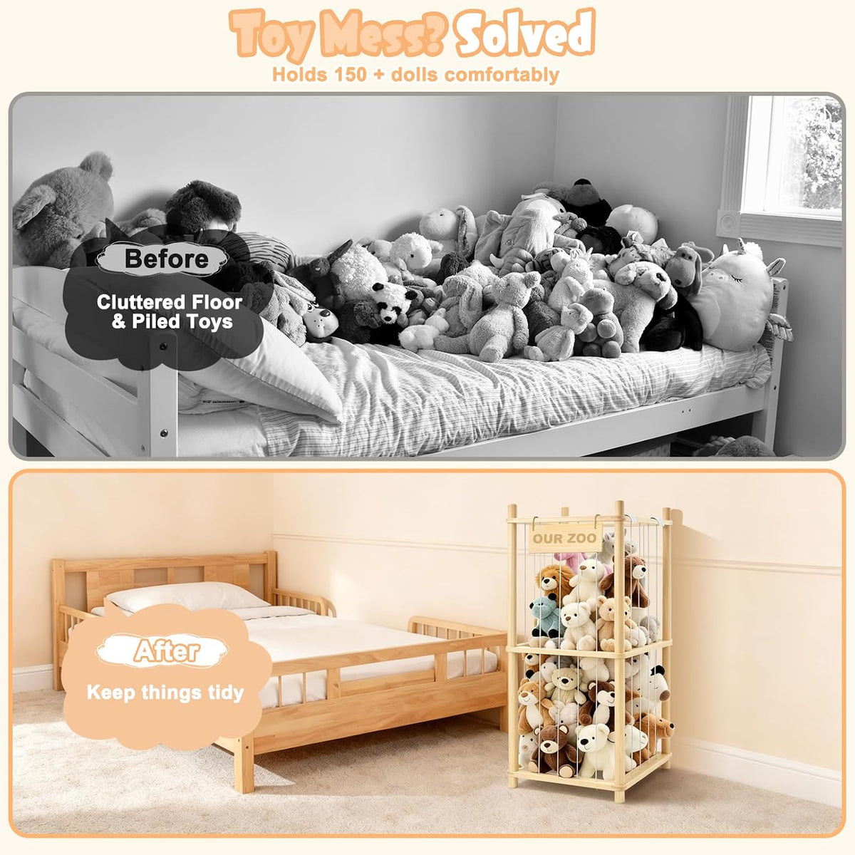 Large Stuffed Animal Storage, Wood Stuffed Animal Zoo with Brake Wheels and Hanging Storage Net, Space Save Toy Organizer, Large Capacity Stuffed Animal Holder, Perfect for Nursery Playroom Kidroom