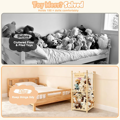 Large Stuffed Animal Storage, Wood Stuffed Animal Zoo with Brake Wheels and Hanging Storage Net, Space Save Toy Organizer, Large Capacity Stuffed Animal Holder, Perfect for Nursery Playroom Kidroom