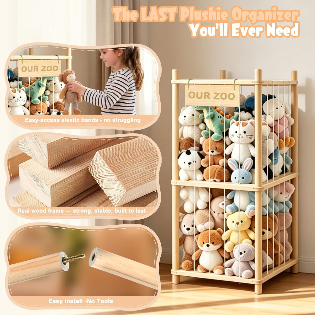 Large Stuffed Animal Storage, Wood Stuffed Animal Zoo with Brake Wheels and Hanging Storage Net, Space Save Toy Organizer, Large Capacity Stuffed Animal Holder, Perfect for Nursery Playroom Kidroom