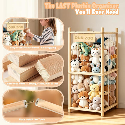Large Stuffed Animal Storage, Wood Stuffed Animal Zoo with Brake Wheels and Hanging Storage Net, Space Save Toy Organizer, Large Capacity Stuffed Animal Holder, Perfect for Nursery Playroom Kidroom