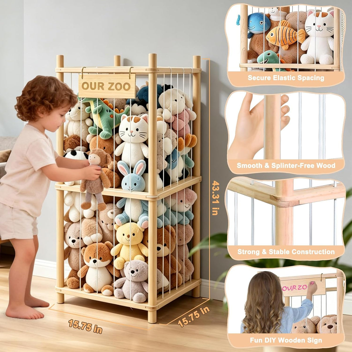 Large Stuffed Animal Storage, Wood Stuffed Animal Zoo with Brake Wheels and Hanging Storage Net, Space Save Toy Organizer, Large Capacity Stuffed Animal Holder, Perfect for Nursery Playroom Kidroom