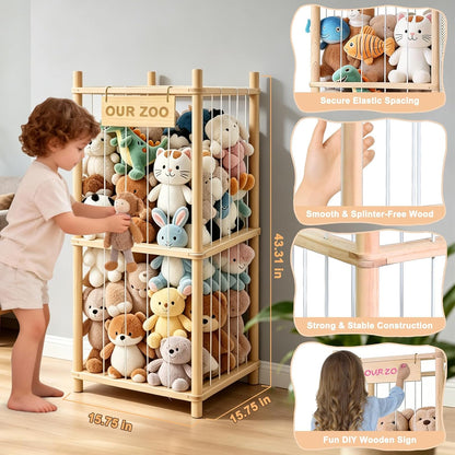 Large Stuffed Animal Storage, Wood Stuffed Animal Zoo with Brake Wheels and Hanging Storage Net, Space Save Toy Organizer, Large Capacity Stuffed Animal Holder, Perfect for Nursery Playroom Kidroom