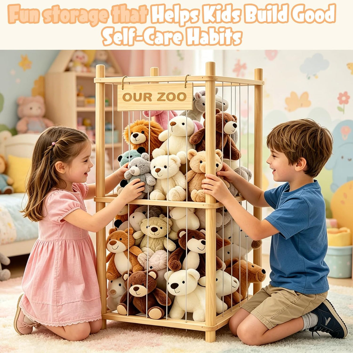 Large Stuffed Animal Storage, Wood Stuffed Animal Zoo with Brake Wheels and Hanging Storage Net, Space Save Toy Organizer, Large Capacity Stuffed Animal Holder, Perfect for Nursery Playroom Kidroom
