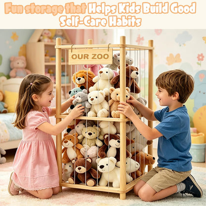 Large Stuffed Animal Storage, Wood Stuffed Animal Zoo with Brake Wheels and Hanging Storage Net, Space Save Toy Organizer, Large Capacity Stuffed Animal Holder, Perfect for Nursery Playroom Kidroom