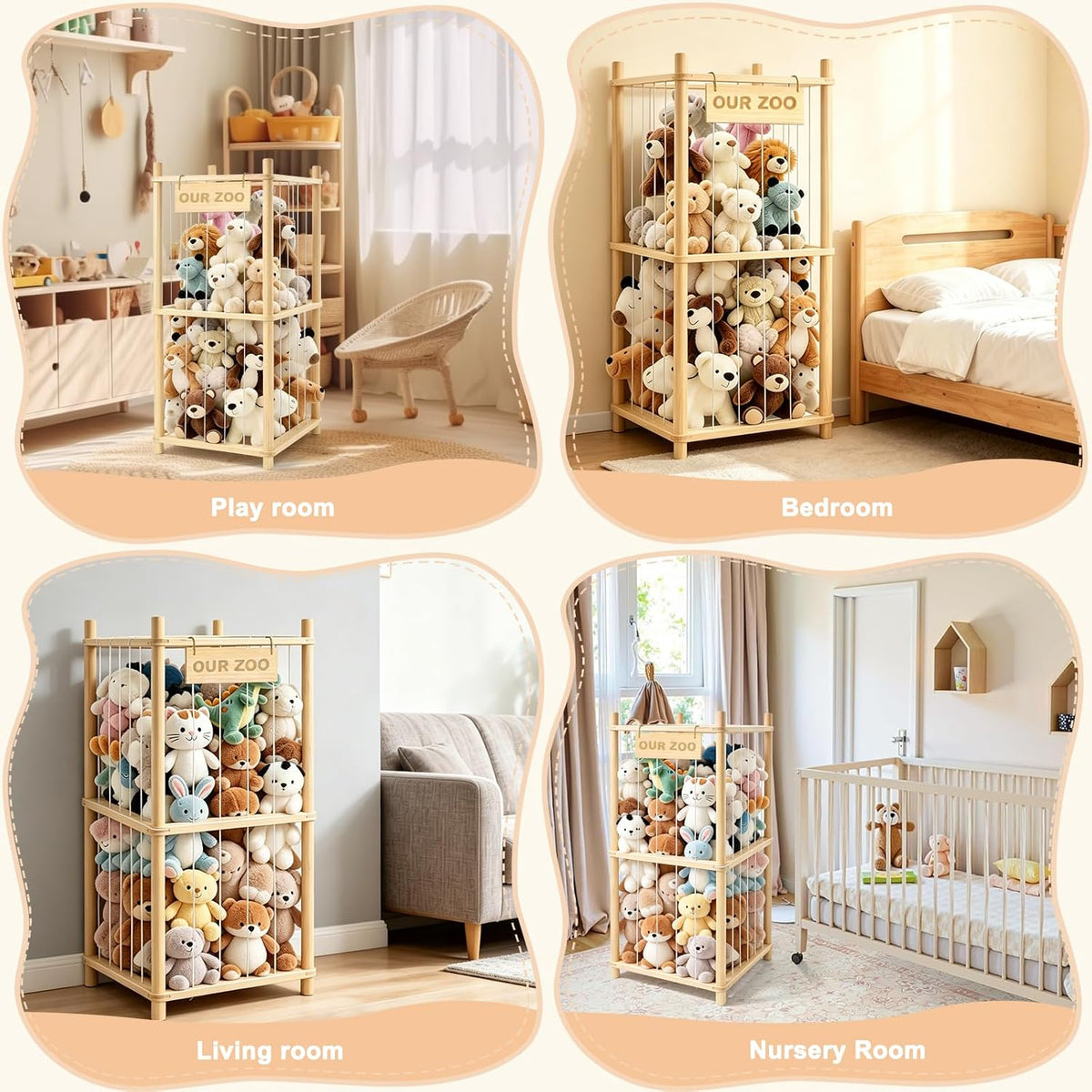 Large Stuffed Animal Storage, Wood Stuffed Animal Zoo with Brake Wheels and Hanging Storage Net, Space Save Toy Organizer, Large Capacity Stuffed Animal Holder, Perfect for Nursery Playroom Kidroom