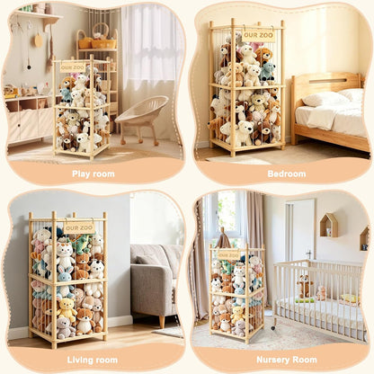 Large Stuffed Animal Storage, Wood Stuffed Animal Zoo with Brake Wheels and Hanging Storage Net, Space Save Toy Organizer, Large Capacity Stuffed Animal Holder, Perfect for Nursery Playroom Kidroom