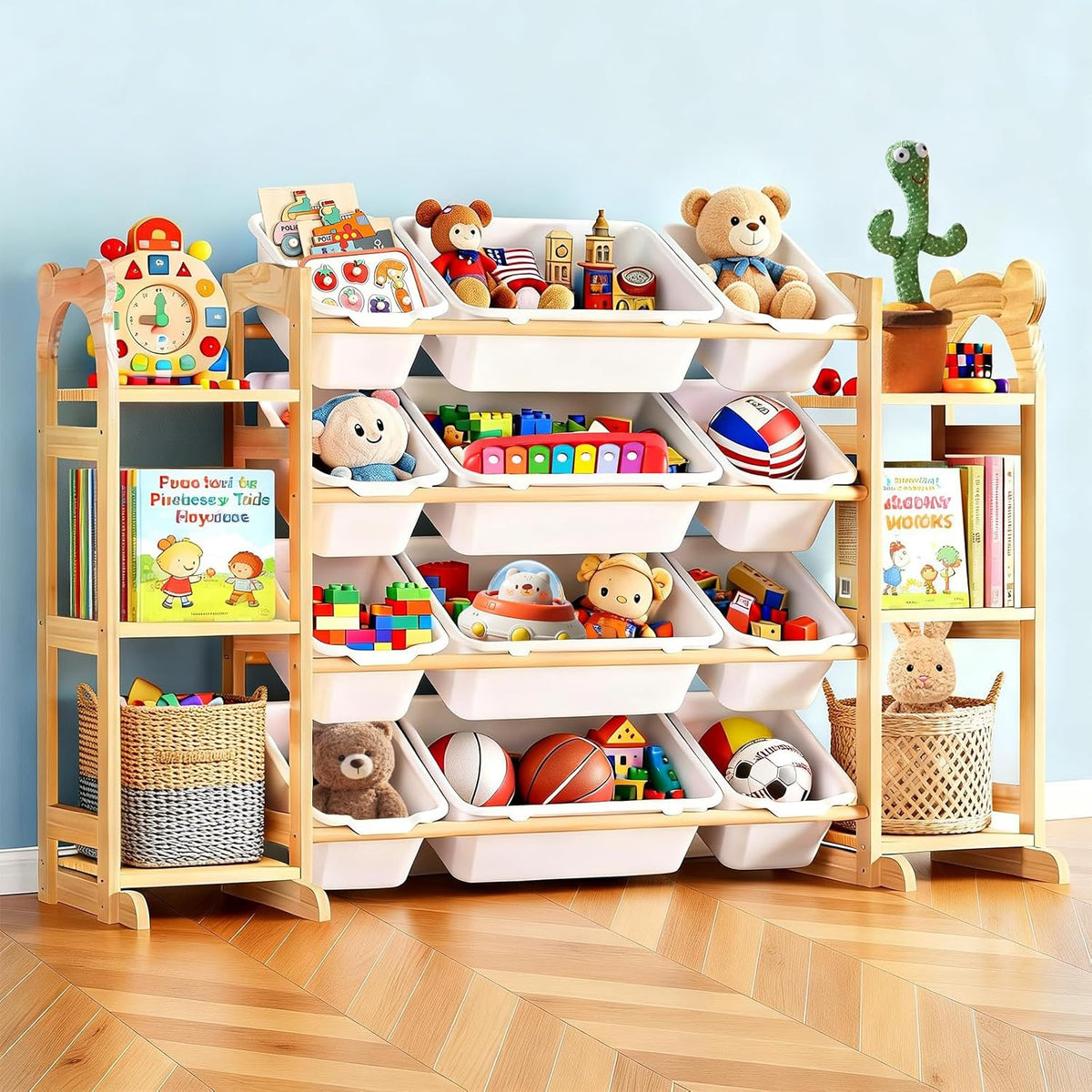 Large Stuffed Animal Storage, Wood Stuffed Animal Zoo with Brake Wheels and Hanging Storage Net, Space Save Toy Organizer, Large Capacity Stuffed Animal Holder, Perfect for Nursery Playroom Kidroom