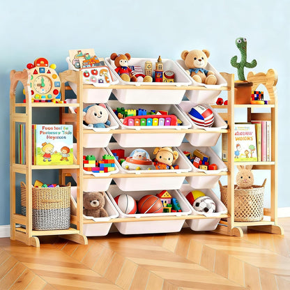 Large Stuffed Animal Storage, Wood Stuffed Animal Zoo with Brake Wheels and Hanging Storage Net, Space Save Toy Organizer, Large Capacity Stuffed Animal Holder, Perfect for Nursery Playroom Kidroom