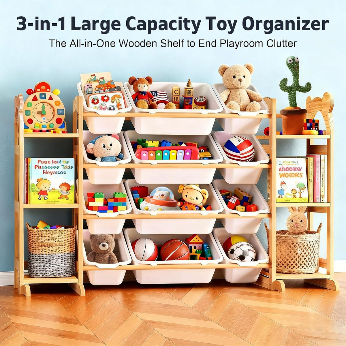 Large Stuffed Animal Storage, Wood Stuffed Animal Zoo with Brake Wheels and Hanging Storage Net, Space Save Toy Organizer, Large Capacity Stuffed Animal Holder, Perfect for Nursery Playroom Kidroom