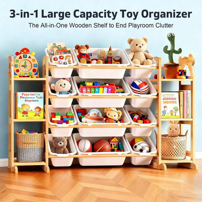 Large Stuffed Animal Storage, Wood Stuffed Animal Zoo with Brake Wheels and Hanging Storage Net, Space Save Toy Organizer, Large Capacity Stuffed Animal Holder, Perfect for Nursery Playroom Kidroom