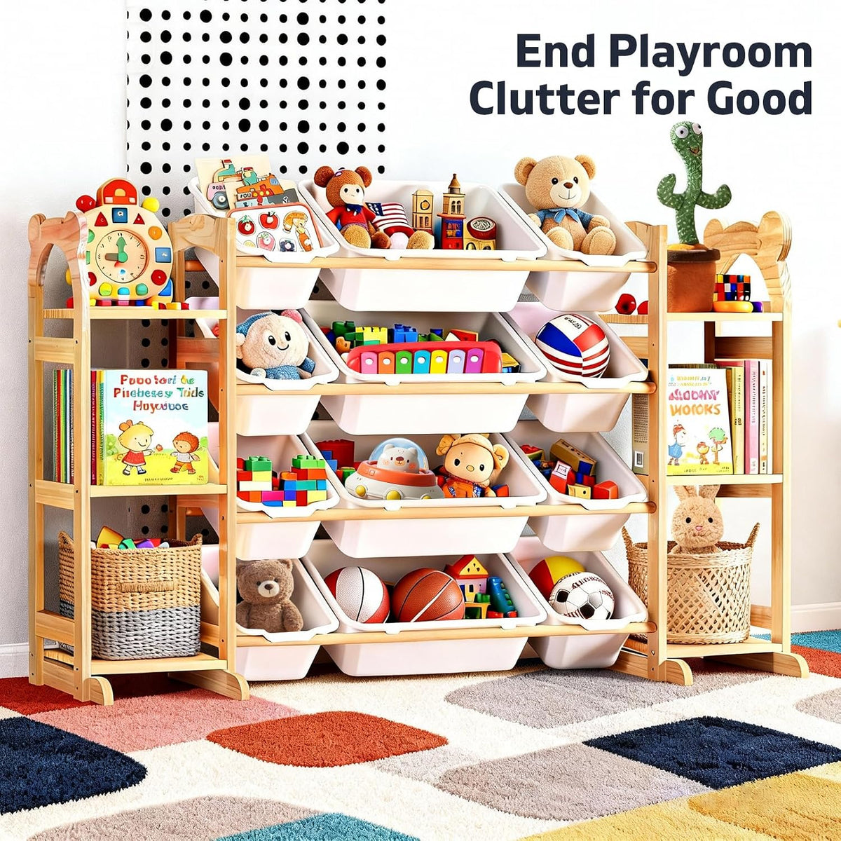 Large Stuffed Animal Storage, Wood Stuffed Animal Zoo with Brake Wheels and Hanging Storage Net, Space Save Toy Organizer, Large Capacity Stuffed Animal Holder, Perfect for Nursery Playroom Kidroom
