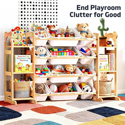 Large Stuffed Animal Storage, Wood Stuffed Animal Zoo with Brake Wheels and Hanging Storage Net, Space Save Toy Organizer, Large Capacity Stuffed Animal Holder, Perfect for Nursery Playroom Kidroom