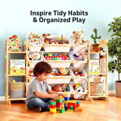 Large Stuffed Animal Storage, Wood Stuffed Animal Zoo with Brake Wheels and Hanging Storage Net, Space Save Toy Organizer, Large Capacity Stuffed Animal Holder, Perfect for Nursery Playroom Kidroom