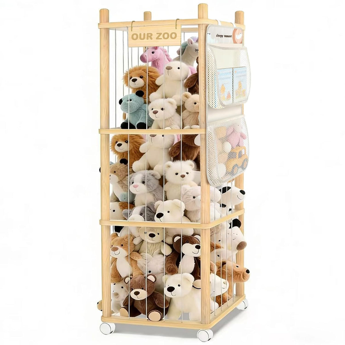Large Stuffed Animal Storage, Wood Stuffed Animal Zoo with Brake Wheels and Hanging Storage Net, Space Save Toy Organizer, Large Capacity Stuffed Animal Holder, Perfect for Nursery Playroom Kidroom