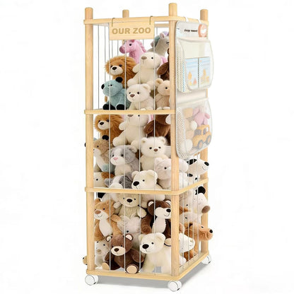 Large Stuffed Animal Storage, Wood Stuffed Animal Zoo with Brake Wheels and Hanging Storage Net, Space Save Toy Organizer, Large Capacity Stuffed Animal Holder, Perfect for Nursery Playroom Kidroom