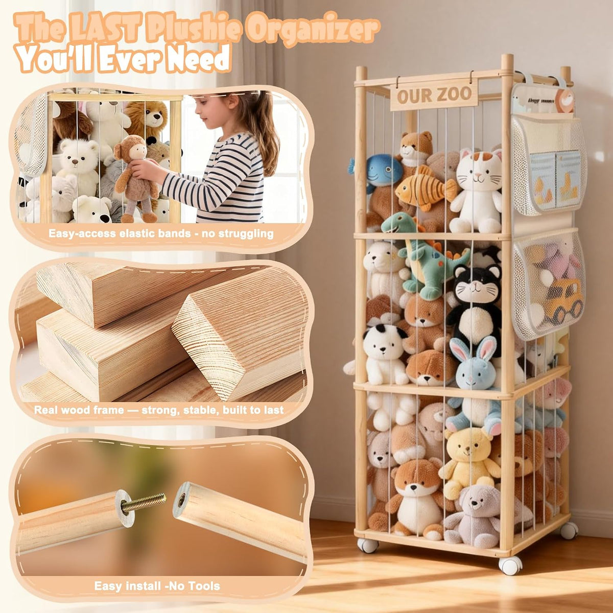 Large Stuffed Animal Storage, Wood Stuffed Animal Zoo with Brake Wheels and Hanging Storage Net, Space Save Toy Organizer, Large Capacity Stuffed Animal Holder, Perfect for Nursery Playroom Kidroom