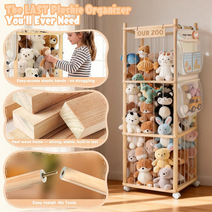 Large Stuffed Animal Storage, Wood Stuffed Animal Zoo with Brake Wheels and Hanging Storage Net, Space Save Toy Organizer, Large Capacity Stuffed Animal Holder, Perfect for Nursery Playroom Kidroom