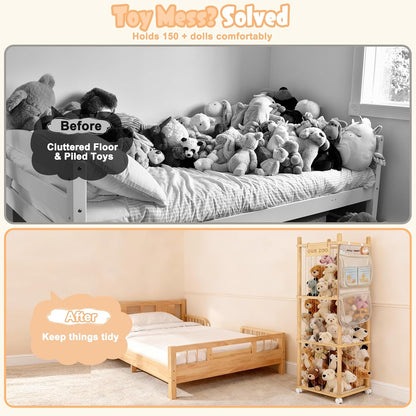 Large Stuffed Animal Storage, Wood Stuffed Animal Zoo with Brake Wheels and Hanging Storage Net, Space Save Toy Organizer, Large Capacity Stuffed Animal Holder, Perfect for Nursery Playroom Kidroom