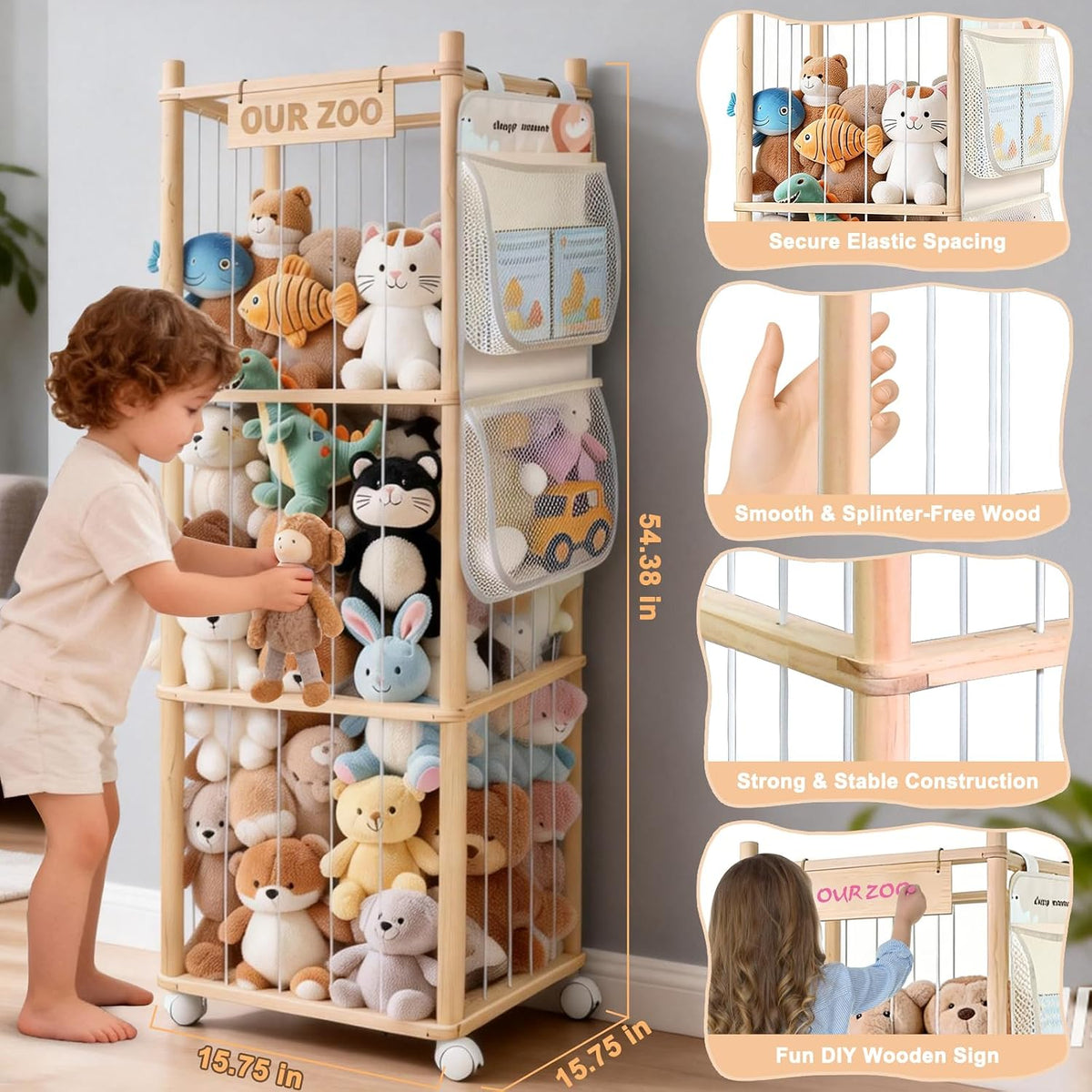 Large Stuffed Animal Storage, Wood Stuffed Animal Zoo with Brake Wheels and Hanging Storage Net, Space Save Toy Organizer, Large Capacity Stuffed Animal Holder, Perfect for Nursery Playroom Kidroom