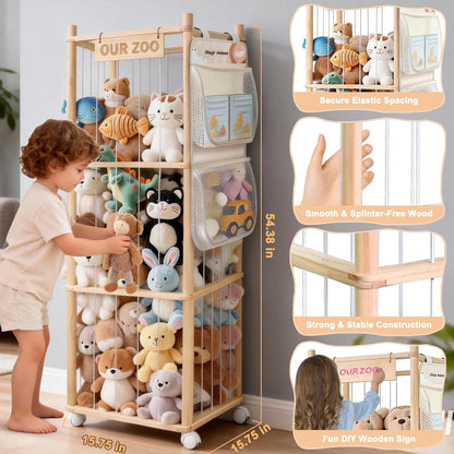 Large Stuffed Animal Storage, Wood Stuffed Animal Zoo with Brake Wheels and Hanging Storage Net, Space Save Toy Organizer, Large Capacity Stuffed Animal Holder, Perfect for Nursery Playroom Kidroom