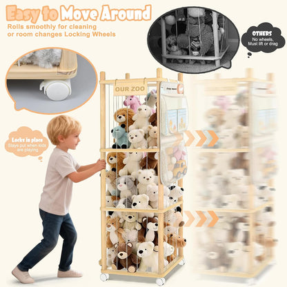 Large Stuffed Animal Storage, Wood Stuffed Animal Zoo with Brake Wheels and Hanging Storage Net, Space Save Toy Organizer, Large Capacity Stuffed Animal Holder, Perfect for Nursery Playroom Kidroom