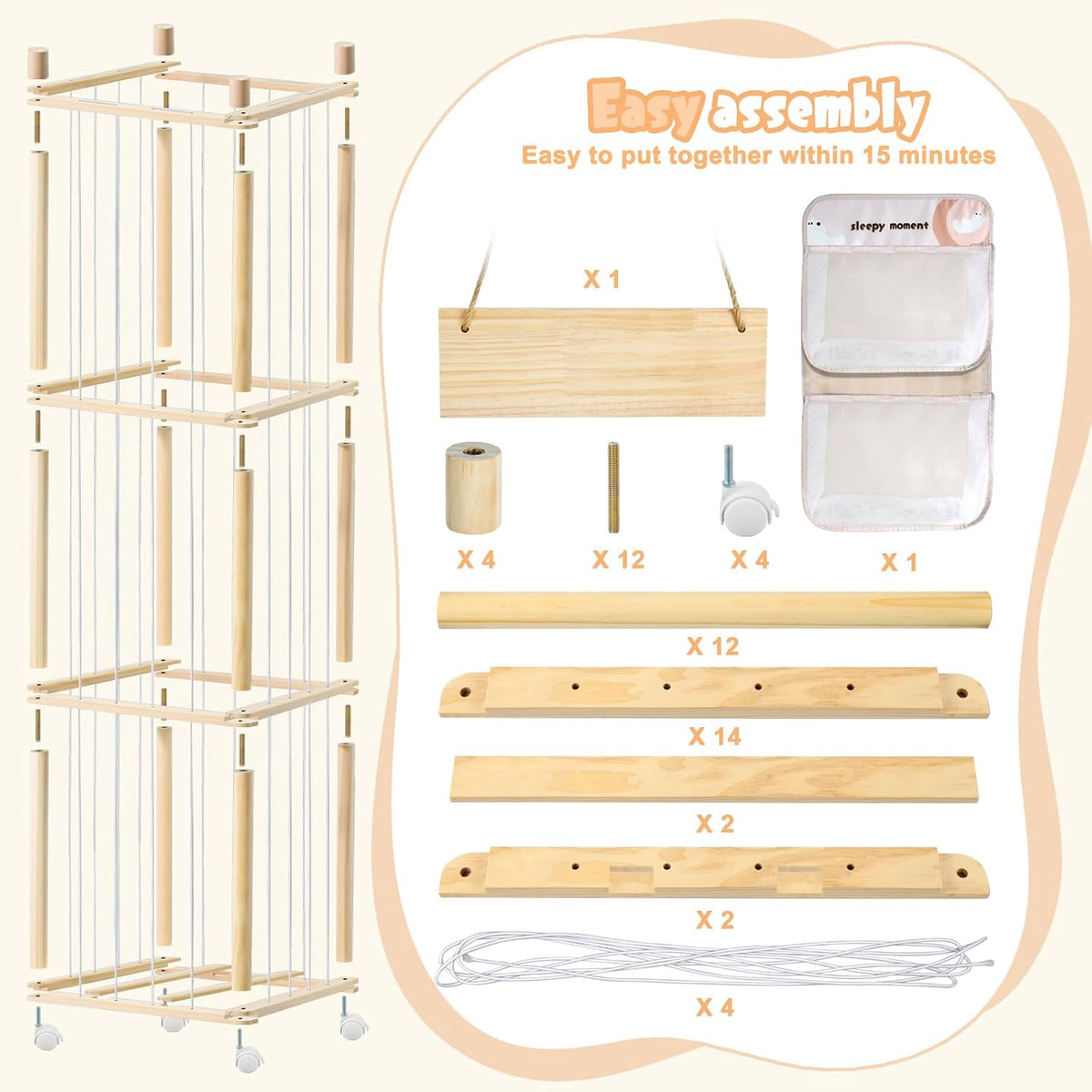 Large Stuffed Animal Storage, Wood Stuffed Animal Zoo with Brake Wheels and Hanging Storage Net, Space Save Toy Organizer, Large Capacity Stuffed Animal Holder, Perfect for Nursery Playroom Kidroom