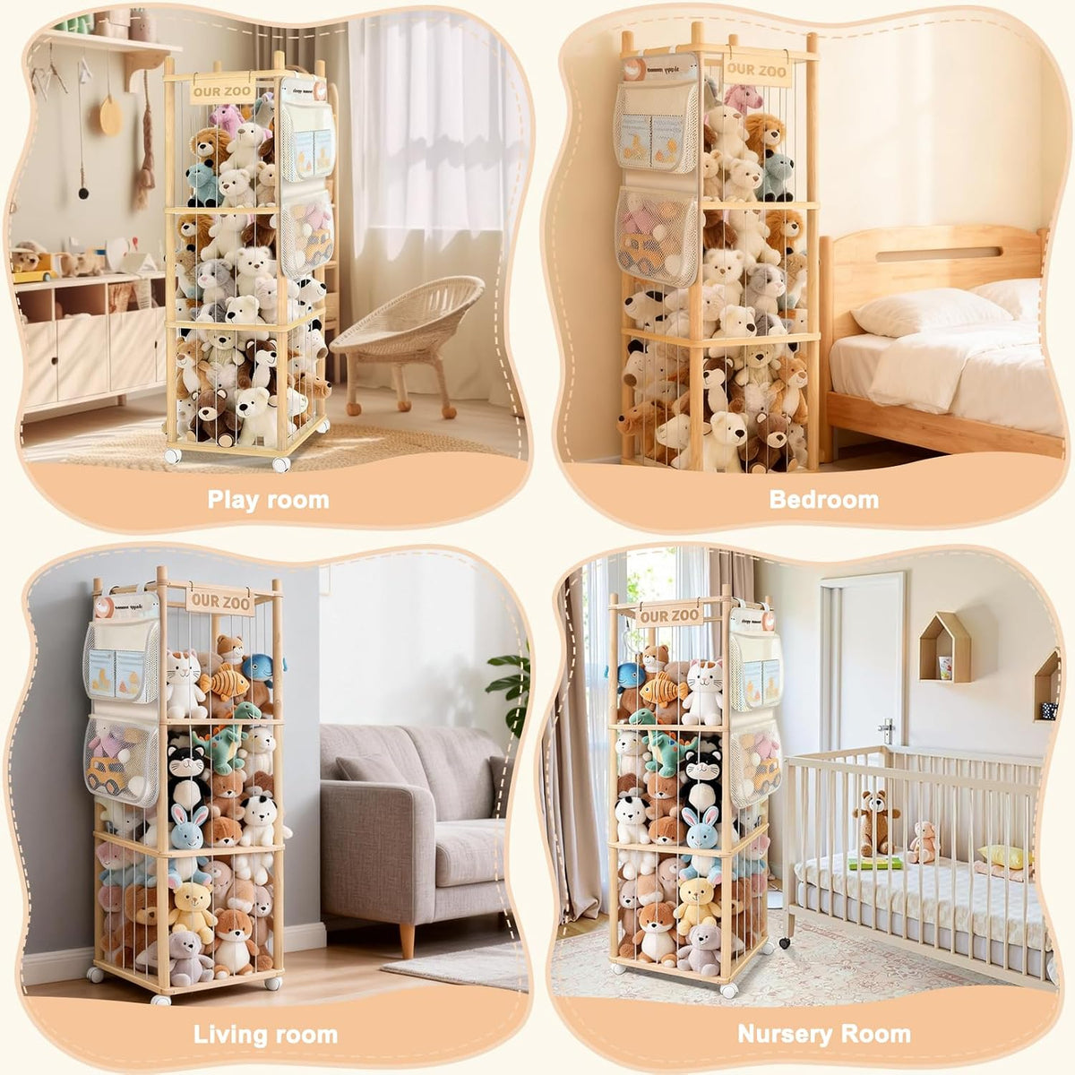 Large Stuffed Animal Storage, Wood Stuffed Animal Zoo with Brake Wheels and Hanging Storage Net, Space Save Toy Organizer, Large Capacity Stuffed Animal Holder, Perfect for Nursery Playroom Kidroom