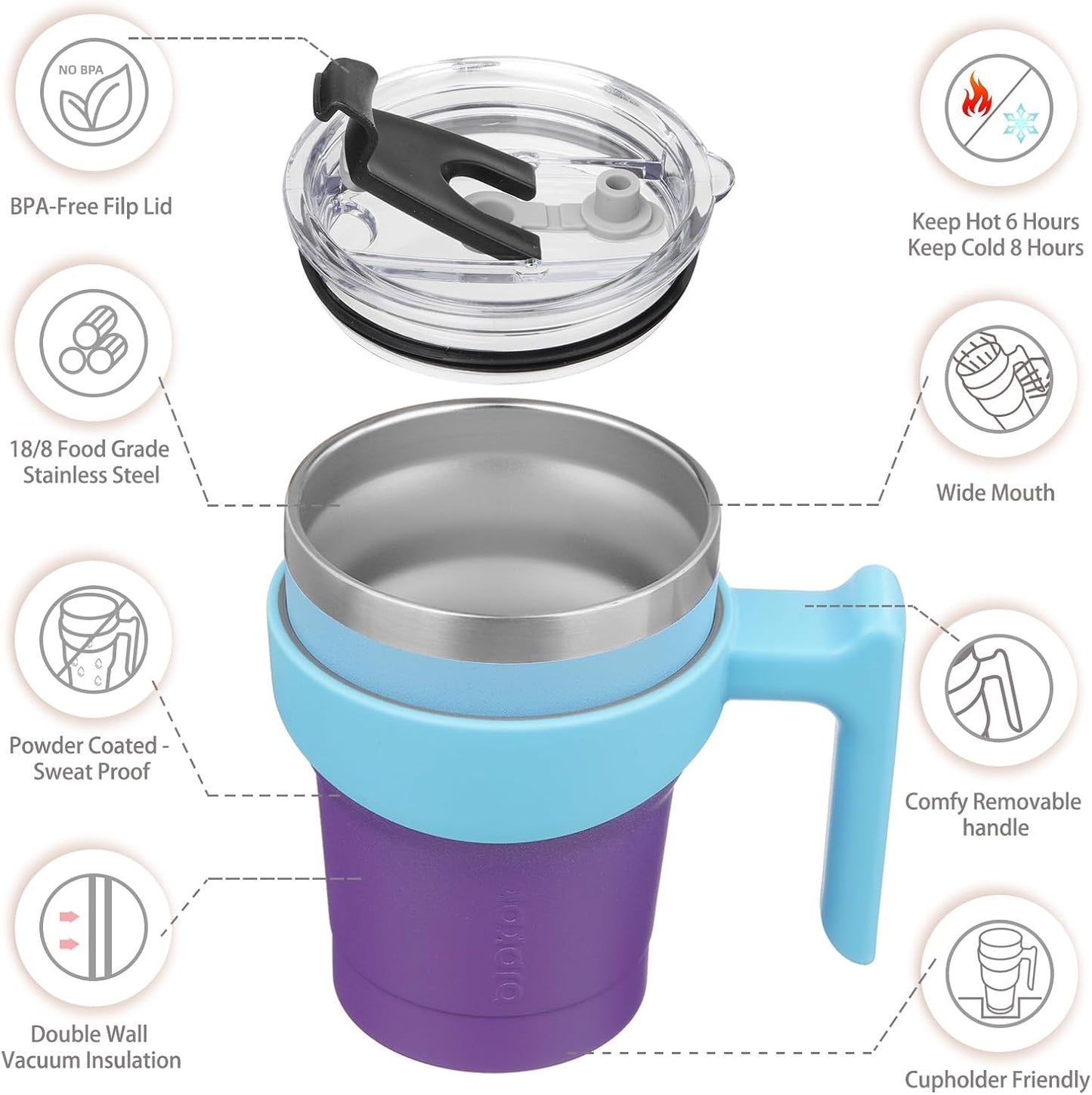 20 oz Tumbler with Handle & Straw, Insulated Stainless Steel Mug | Double Wall Vacuum, Keeps Hot/Cold, Thermal Cup, BPA Free, Dishwasher Safe, Cupholder Fit, Coffee & Travel, Indigo Black