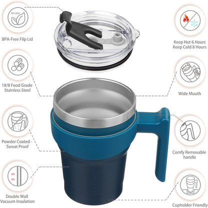 20 oz Tumbler with Handle & Straw, Insulated Stainless Steel Mug | Double Wall Vacuum, Keeps Hot/Cold, Thermal Cup, BPA Free, Dishwasher Safe, Cupholder Fit, Coffee & Travel, Indigo Black