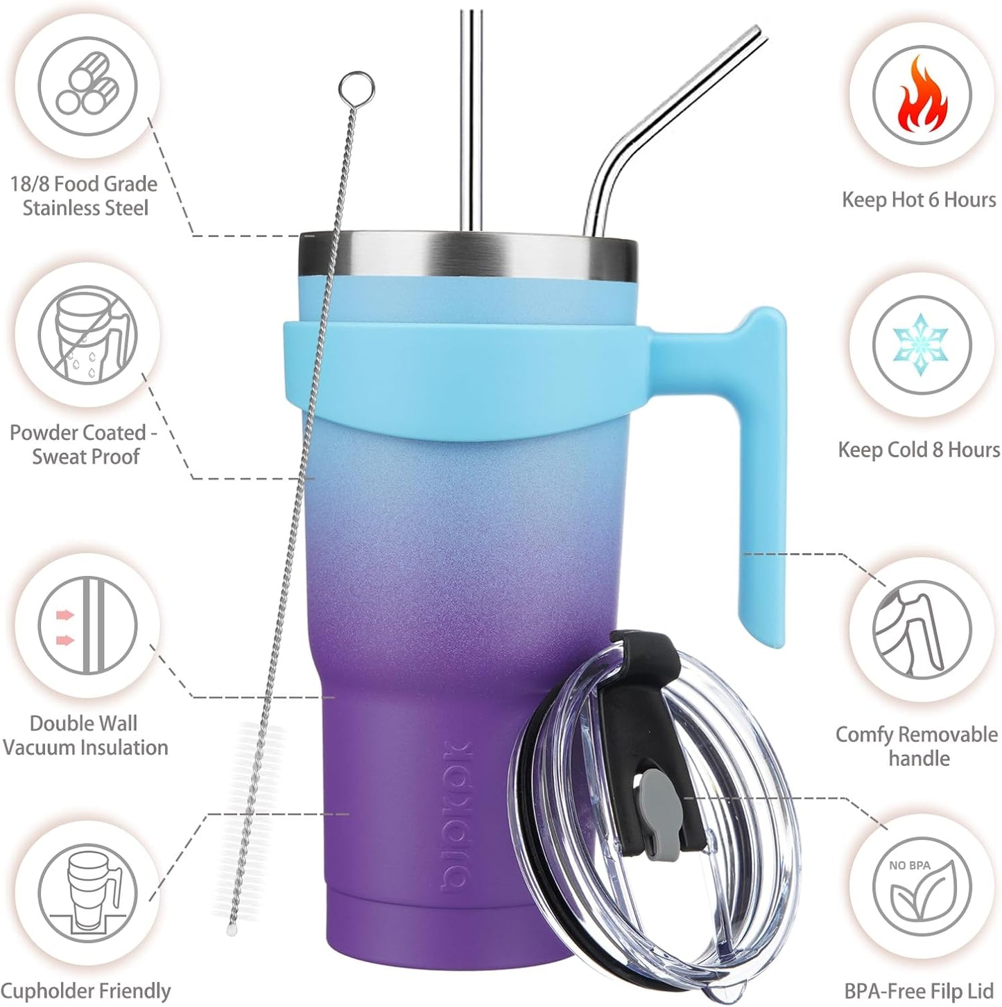 20 oz Tumbler with Handle & Straw, Insulated Stainless Steel Mug | Double Wall Vacuum, Keeps Hot/Cold, Thermal Cup, BPA Free, Dishwasher Safe, Cupholder Fit, Coffee & Travel, Indigo Black
