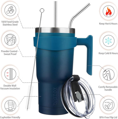 20 oz Tumbler with Handle & Straw, Insulated Stainless Steel Mug | Double Wall Vacuum, Keeps Hot/Cold, Thermal Cup, BPA Free, Dishwasher Safe, Cupholder Fit, Coffee & Travel, Indigo Black