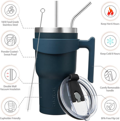 20 oz Tumbler with Handle & Straw, Insulated Stainless Steel Mug | Double Wall Vacuum, Keeps Hot/Cold, Thermal Cup, BPA Free, Dishwasher Safe, Cupholder Fit, Coffee & Travel, Indigo Black