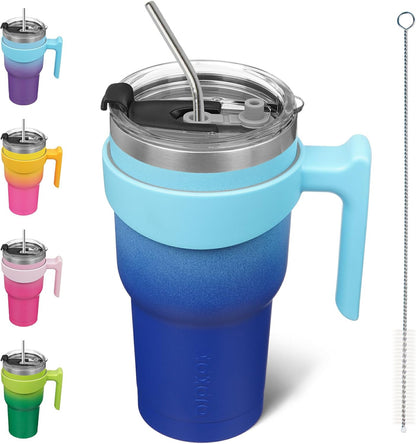 20 oz Tumbler with Handle & Straw, Insulated Stainless Steel Mug | Double Wall Vacuum, Keeps Hot/Cold, Thermal Cup, BPA Free, Dishwasher Safe, Cupholder Fit, Coffee & Travel, Indigo Black