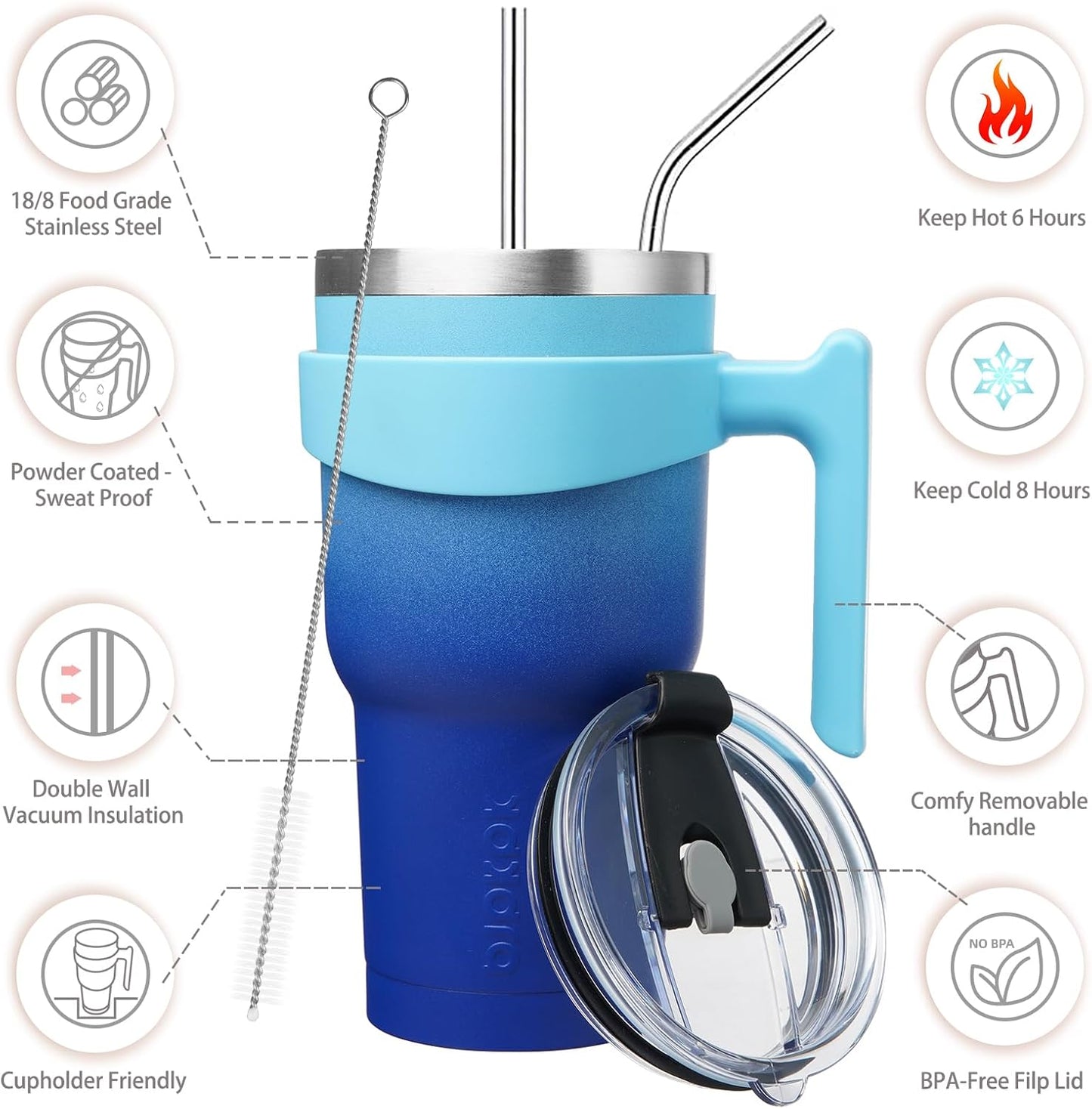 20 oz Tumbler with Handle & Straw, Insulated Stainless Steel Mug | Double Wall Vacuum, Keeps Hot/Cold, Thermal Cup, BPA Free, Dishwasher Safe, Cupholder Fit, Coffee & Travel, Indigo Black