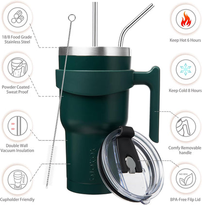 20 oz Tumbler with Handle & Straw, Insulated Stainless Steel Mug | Double Wall Vacuum, Keeps Hot/Cold, Thermal Cup, BPA Free, Dishwasher Safe, Cupholder Fit, Coffee & Travel, Indigo Black