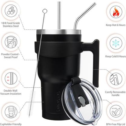 20 oz Tumbler with Handle & Straw, Insulated Stainless Steel Mug | Double Wall Vacuum, Keeps Hot/Cold, Thermal Cup, BPA Free, Dishwasher Safe, Cupholder Fit, Coffee & Travel, Indigo Black